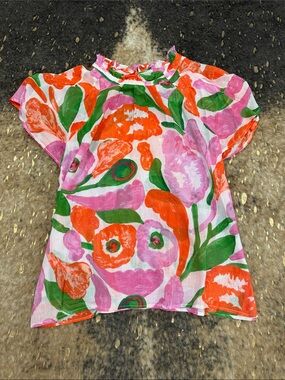 Banjanan Floral Ruffle-Neck Top in Pink, Orange & Green | s